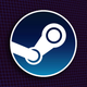 The Steam logo floats in front of a blue and black grid background.